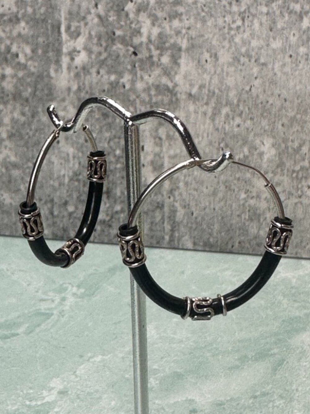 Vintage Sterling Silver and Black Hoop Earrings for Pierced Ears